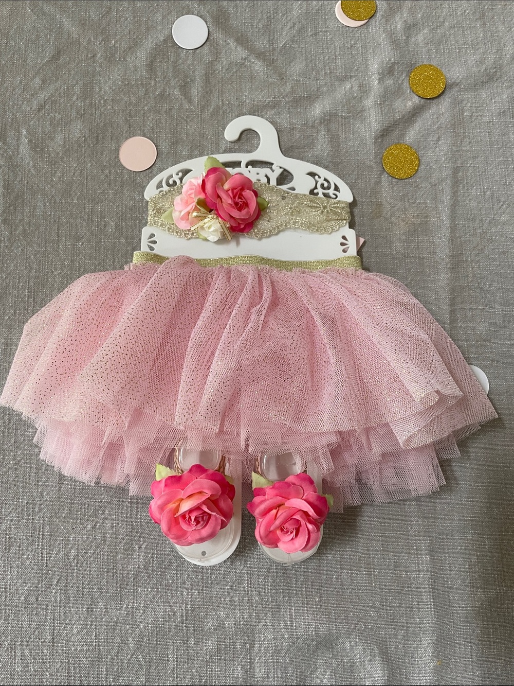 Toby Pink Sparkle Tulle Newborn Baby Tutu Skirt with Rose headband and feet